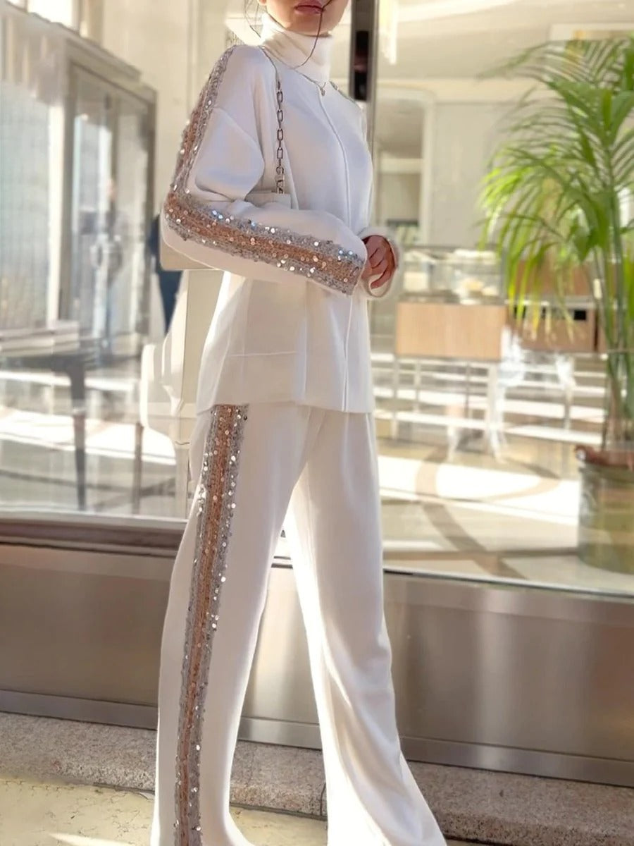 High Neck Sequin Pants Set-ROVOLE