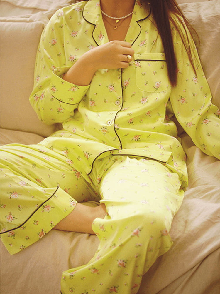 Fluorescent Green Floral Long Sleeve Pajama Set-Massicos
