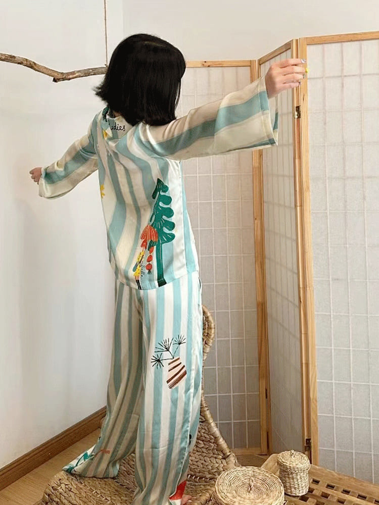 Homewear - Printed Ice Silk Long Sleeve Pajama Set-Massicos