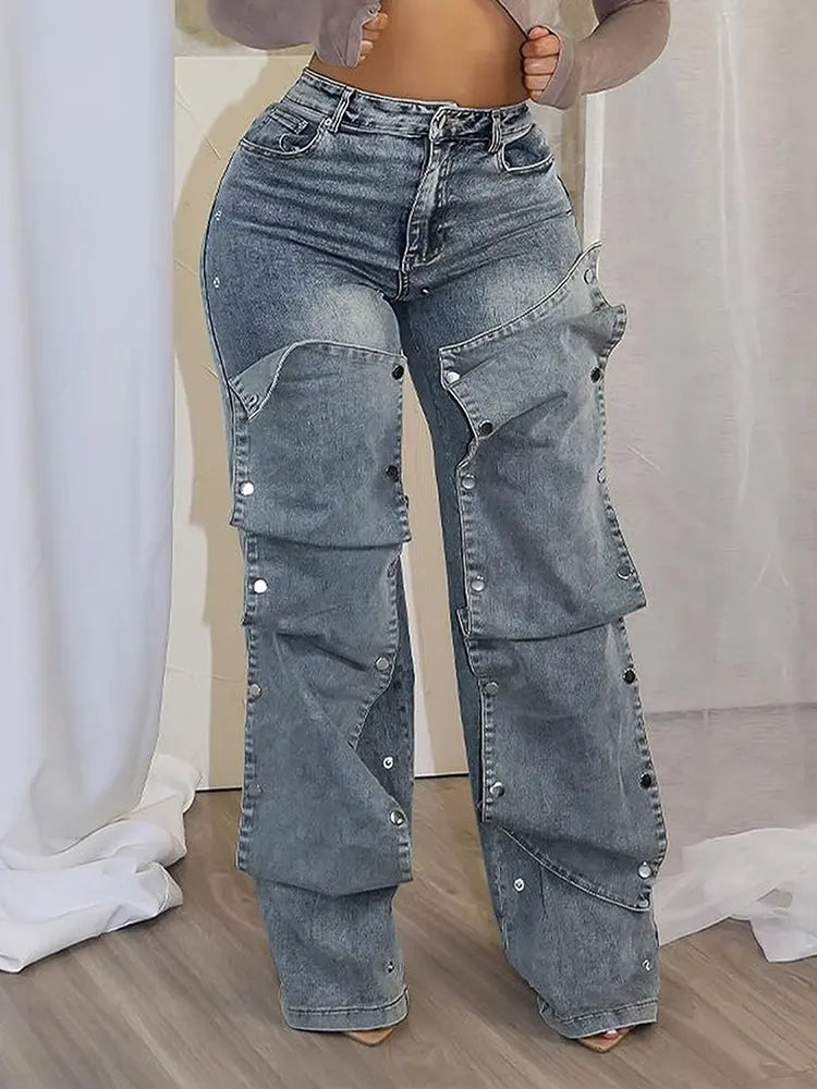 Fashion Button-Detail Loose Jeans-Massicos