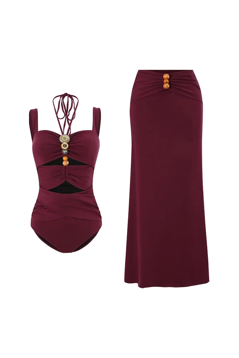 Burgundy Boho Beaded Cutout Swimsuit Set-ROVOLE