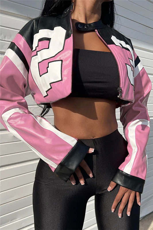 Embroidered Biker Faux Leather Jacket-ROVOLE