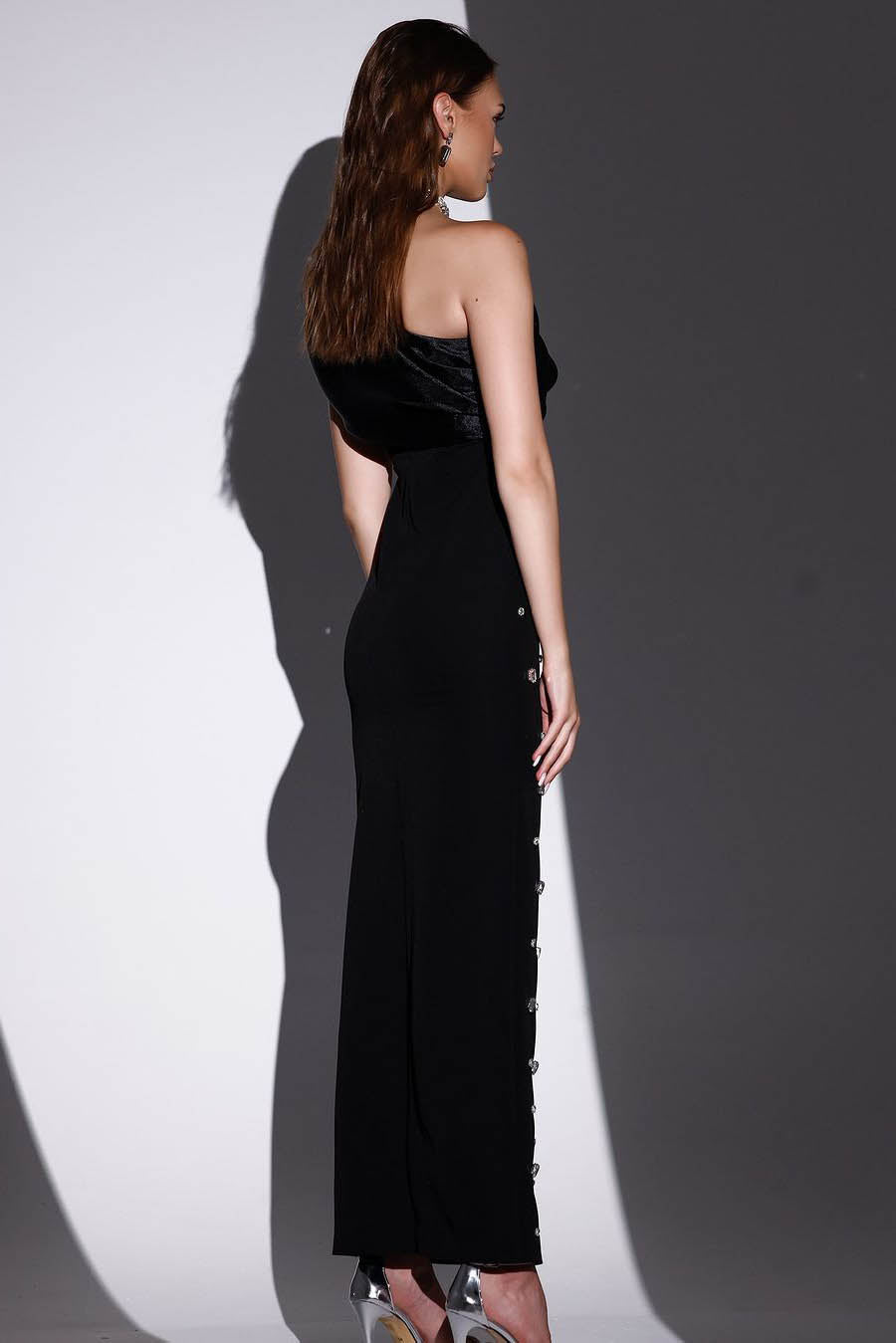 Rhinestone Sloping Shoulders Midi Dress-ROVOLE
