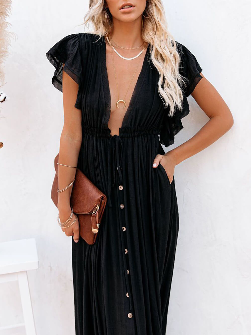 Button Cotton Linen Perfect Beach Boho Maxi Dress-Massicos