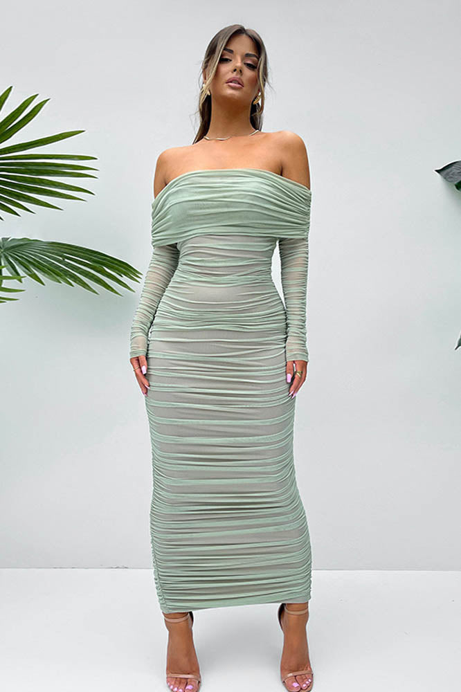 Mesh Raglan Sleeve Slim Fit Pencil Dress-ROVOLE