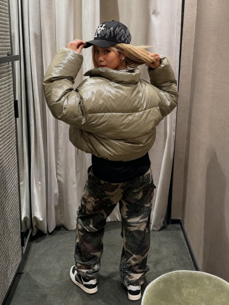 Camo Rhinestone Drawstring Cargo Pants-Massicos