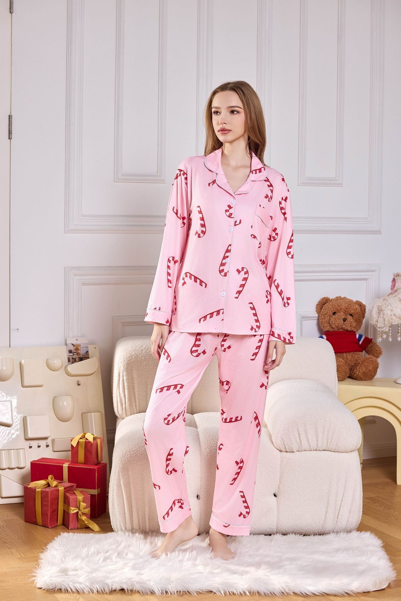 Pink Candy Cane Print Satin Long PJ Set-ROVOLE
