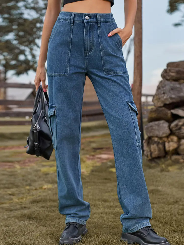 Elastic Waist Utility Denim Pants-Massicos