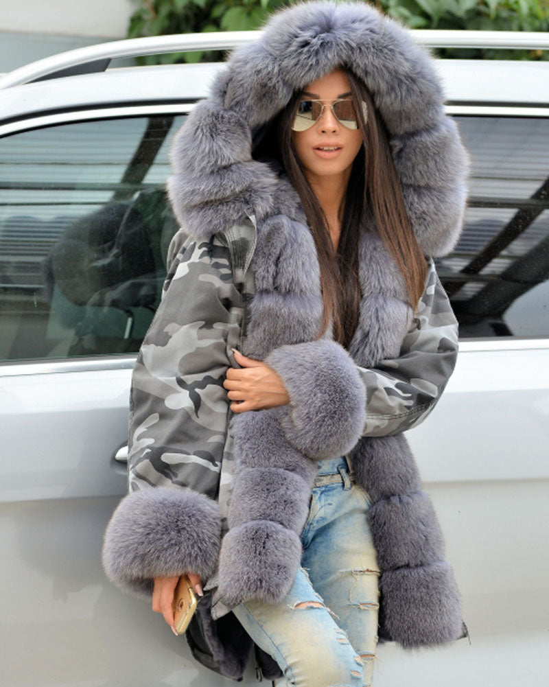 Trafni Winter Grey Faux Fur Women Parka Jacket Armycamo Long Warm Coat Hooded Outwear Overcoat-Massicos
