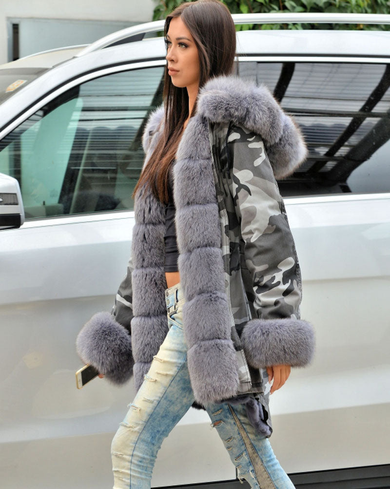Trafni Winter Grey Faux Fur Women Parka Jacket Armycamo Long Warm Coat Hooded Outwear Overcoat-Massicos