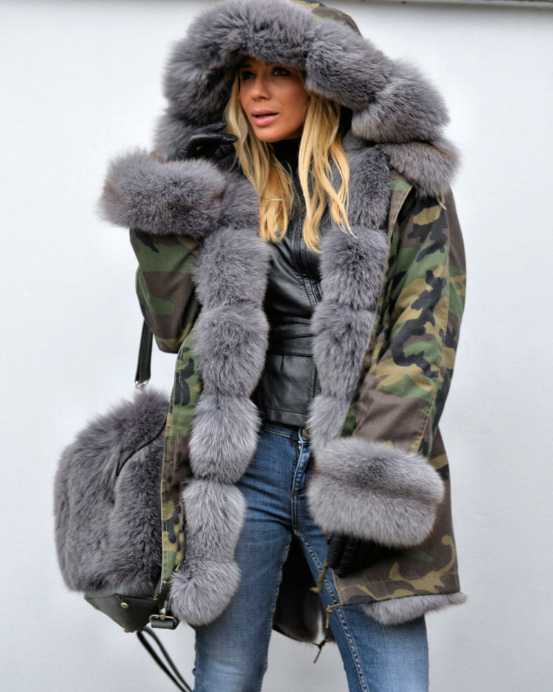 Trafni Women Thicken Warm Camouflage Grey Faux Fur Long Winter Coat Hooded Parka Jacket Outwear-Massicos