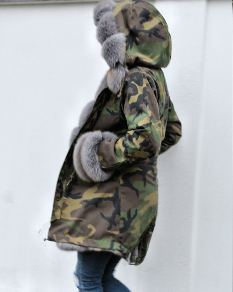 Trafni Women Thicken Warm Camouflage Grey Faux Fur Long Winter Coat Hooded Parka Jacket Outwear-Massicos