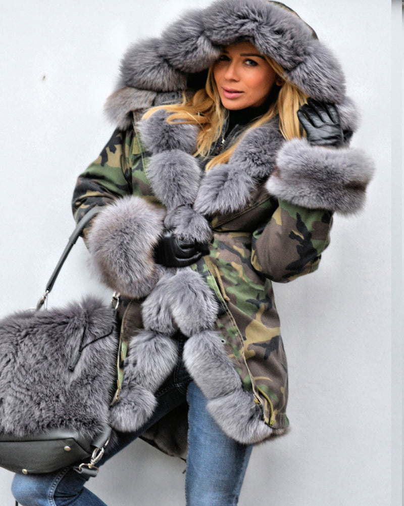 Trafni Women Thicken Warm Camouflage Grey Faux Fur Long Winter Coat Hooded Parka Jacket Outwear-Massicos