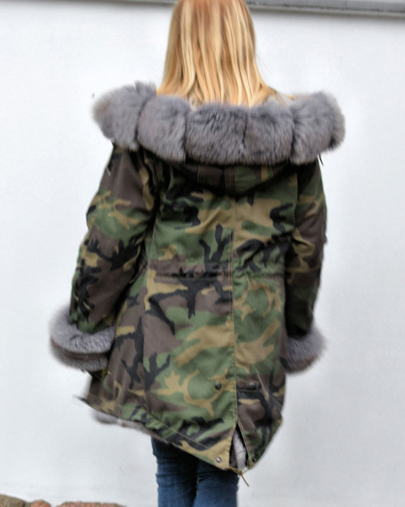 Trafni Women Thicken Warm Camouflage Grey Faux Fur Long Winter Coat Hooded Parka Jacket Outwear-Massicos