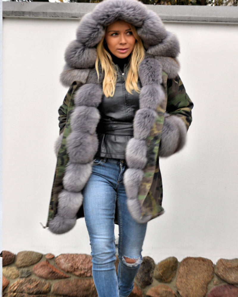Trafni Women Thicken Warm Camouflage Grey Faux Fur Long Winter Coat Hooded Parka Jacket Outwear-Massicos