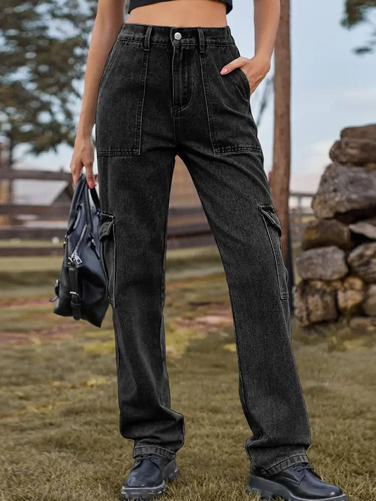 Elastic Waist Utility Denim Pants-Massicos