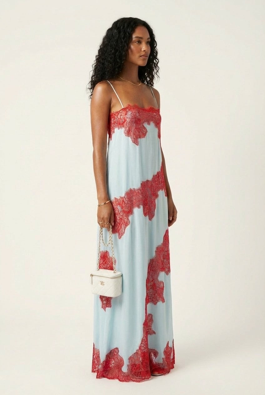  Floral Lace Trimmed Satin Slip Maxi Dress Light Blue