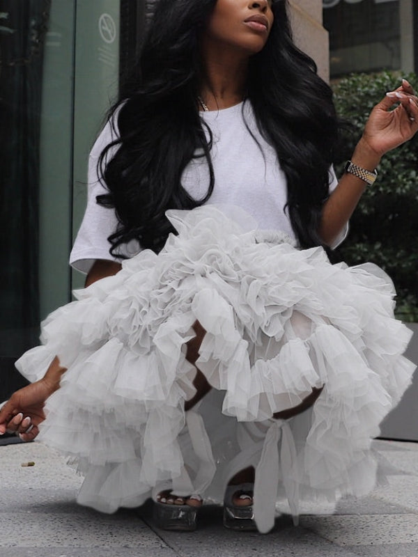 Gray Tulle - Ruffle Midi Dress-Massicos