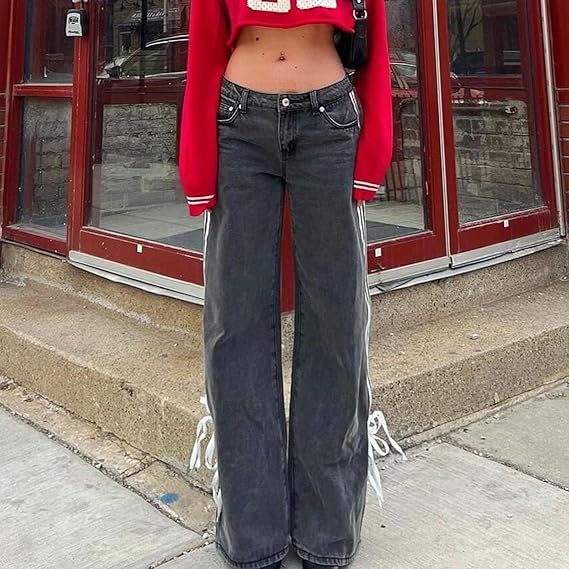 Low Waist Loose Side Striped Bow Wide-Leg Jeans-Massicos