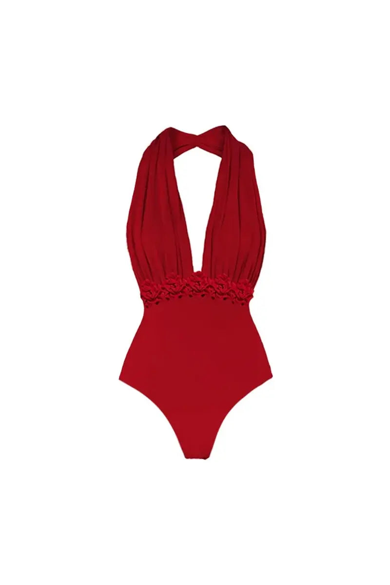 Deep V Halter Solid One Piece Swimsuit Set-ROVOLE