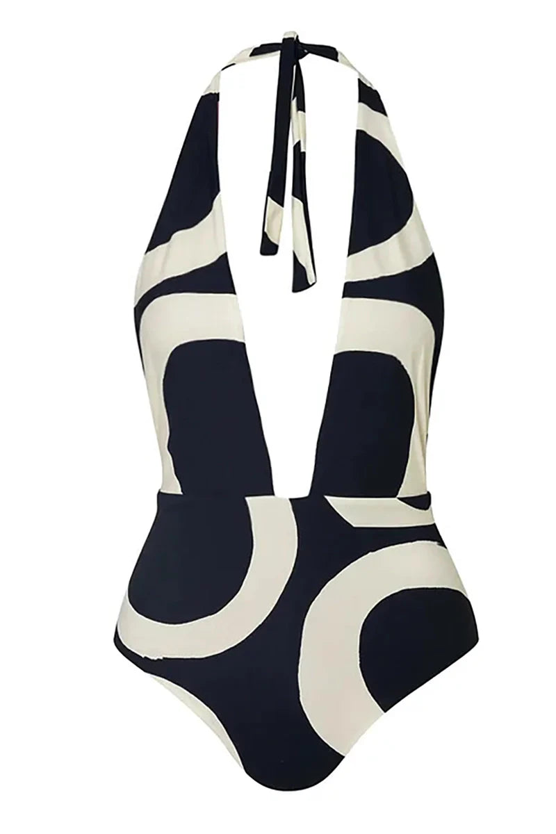 Colorblock Halter High-Waist One-Piece Swimsuit-ROVOLE