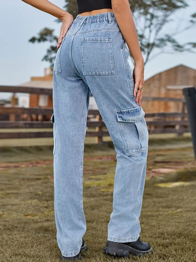Elastic Waist Utility Denim Pants-Massicos