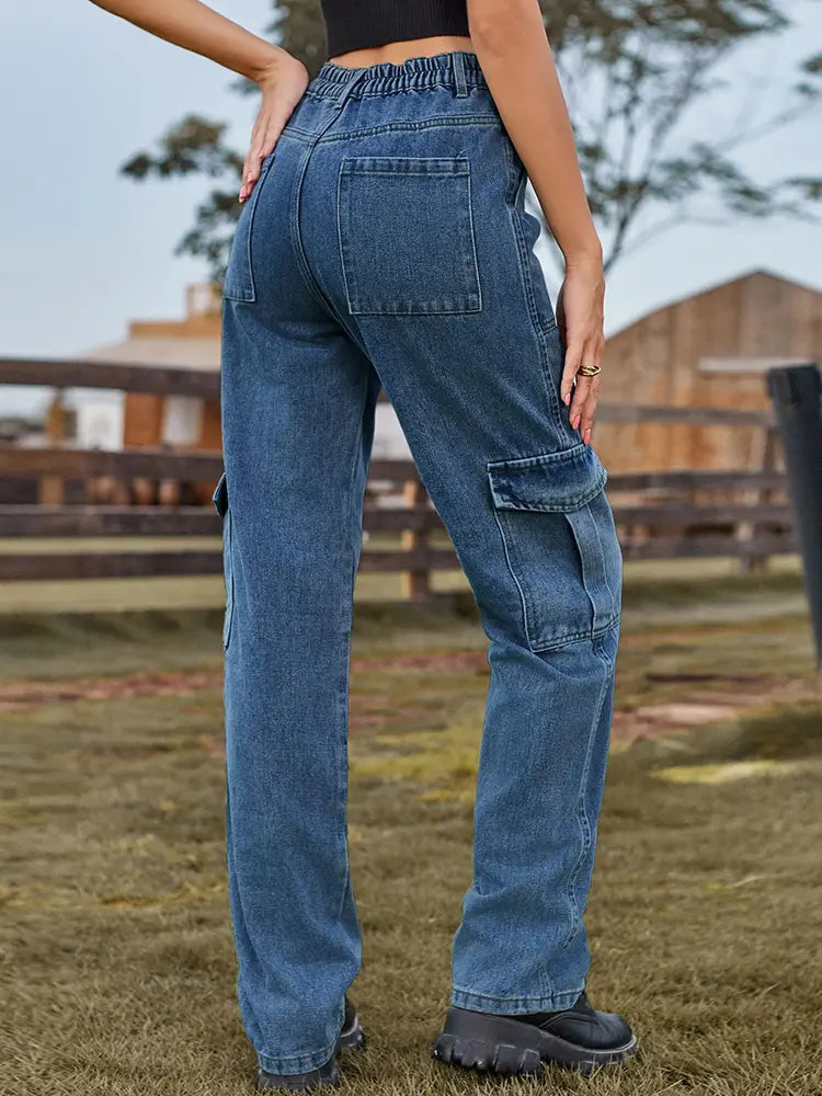 Elastic Waist Utility Denim Pants-Massicos