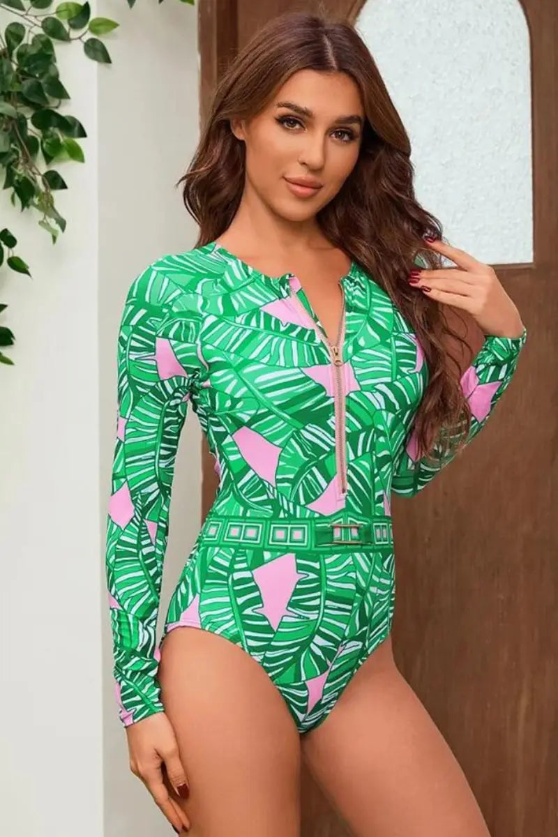 Green Zip Long Sleeve Printed Surf Swimsuit Set-ROVOLE
