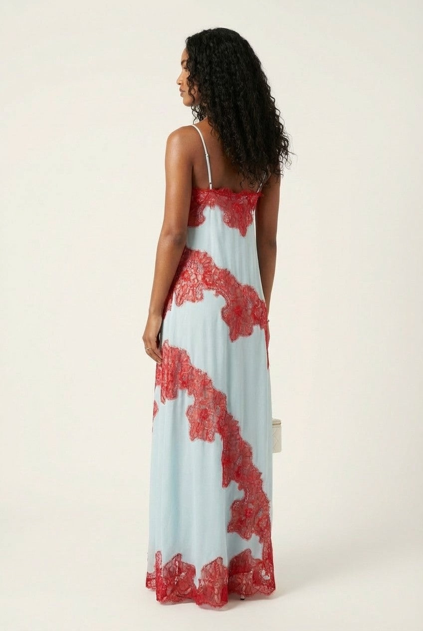  Floral Lace Trimmed Satin Slip Maxi Dress Light Blue