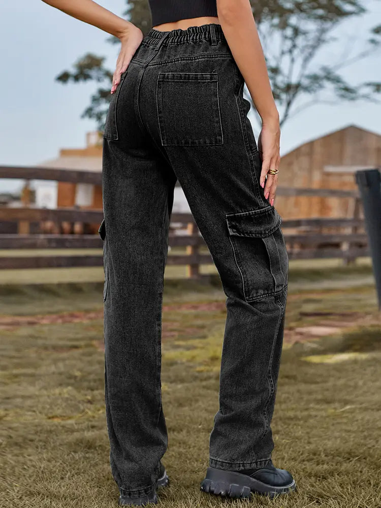 Elastic Waist Utility Denim Pants-Massicos
