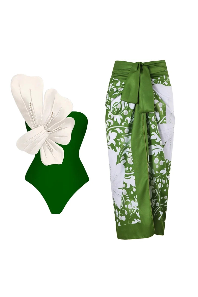 Green Swimsuit Set Pearl Floral Embellishments-ROVOLE