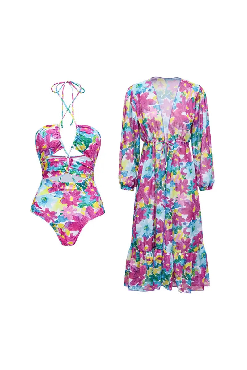 Cutout One Piece Swimsuit Set with Cover Up-ROVOLE