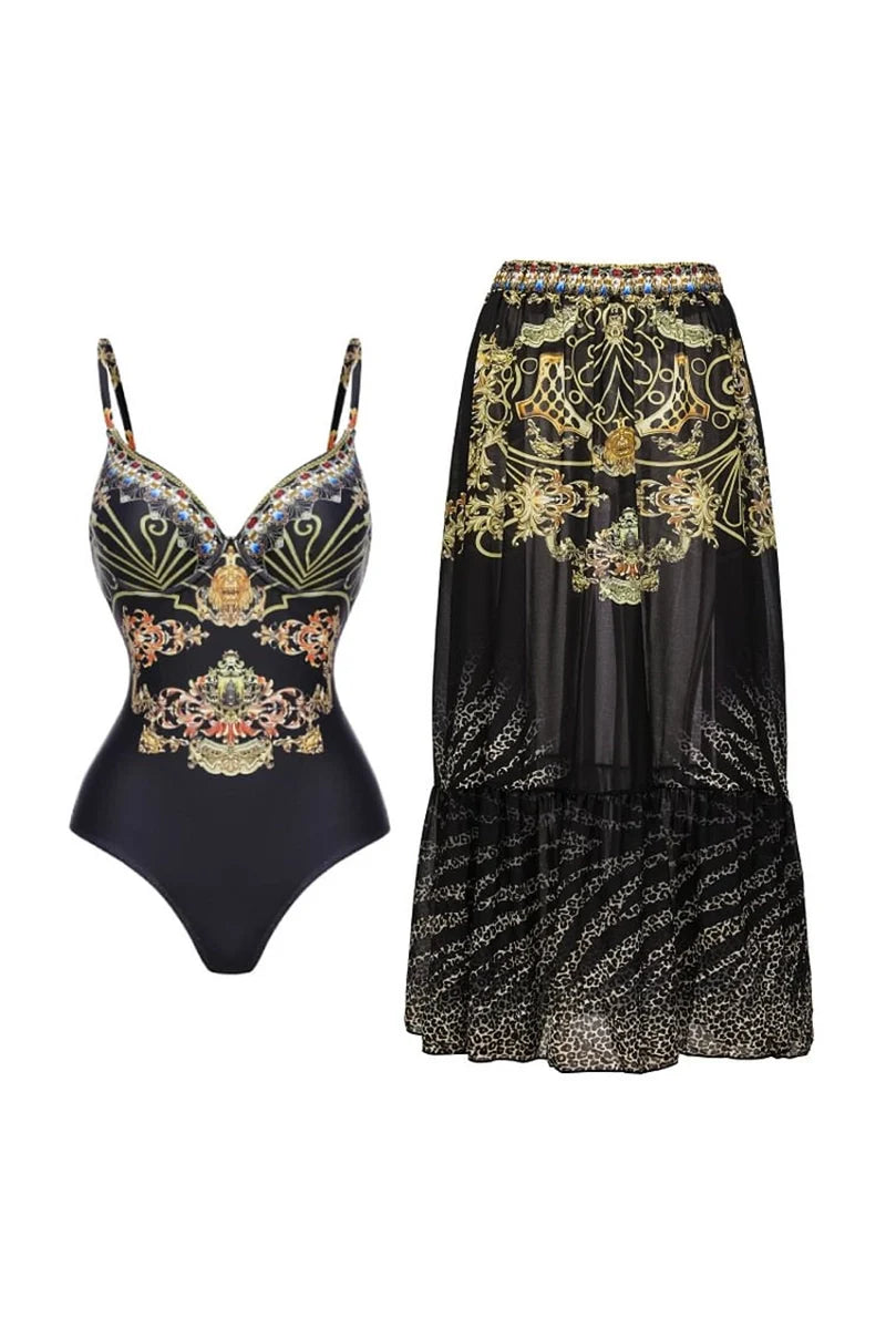 Black Gold Print Strappy One Piece Swimsuit-ROVOLE