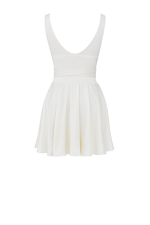 Shiema Ivory Satin Backless Dress-ROVOLE