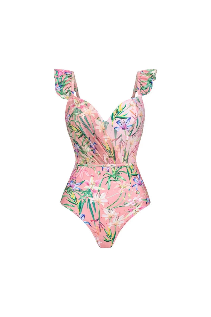 Mesh Patchwork Printed Swimsuit Set-ROVOLE