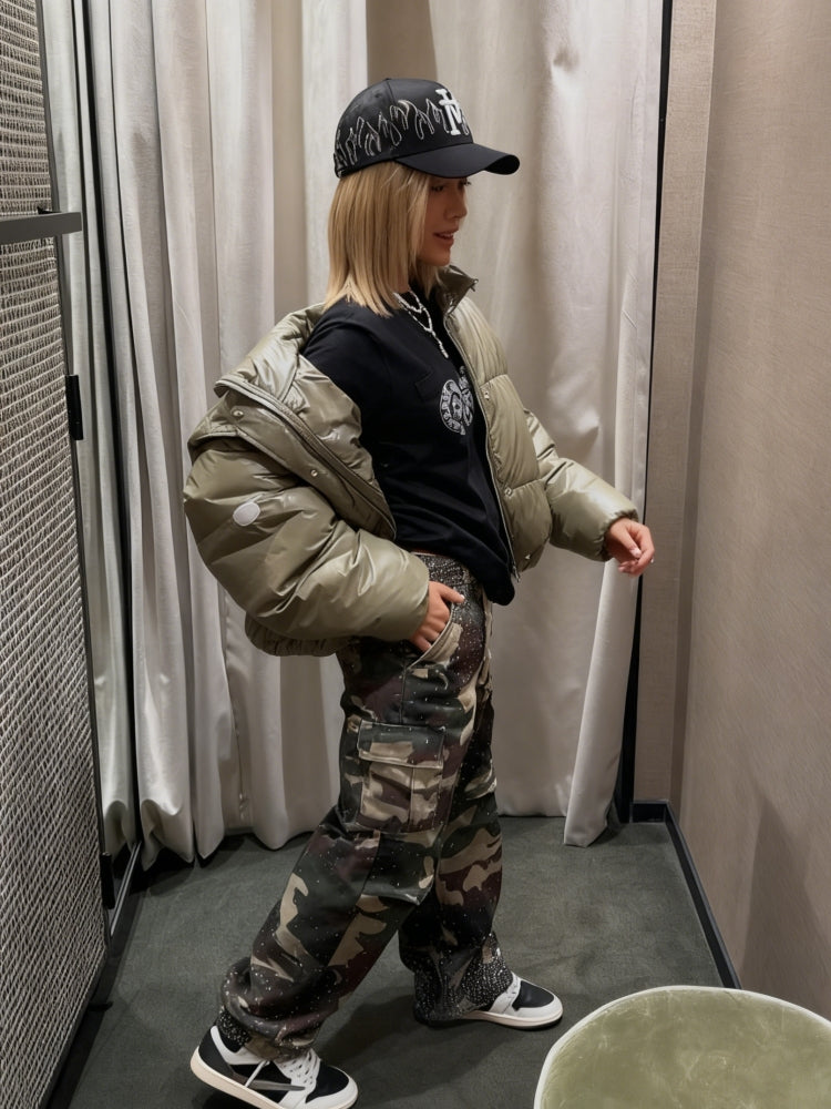 Camo Rhinestone Drawstring Cargo Pants-Massicos