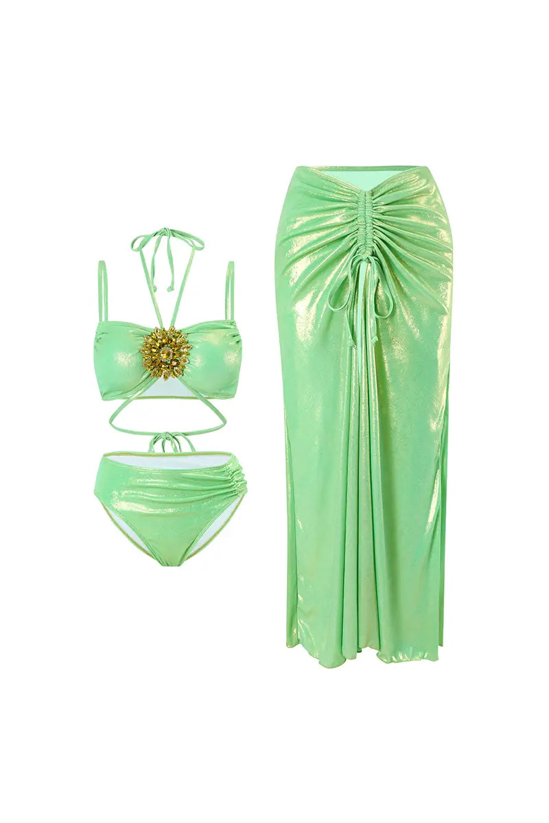 Mint Green Rhinestone Halter Bikini Set-ROVOLE