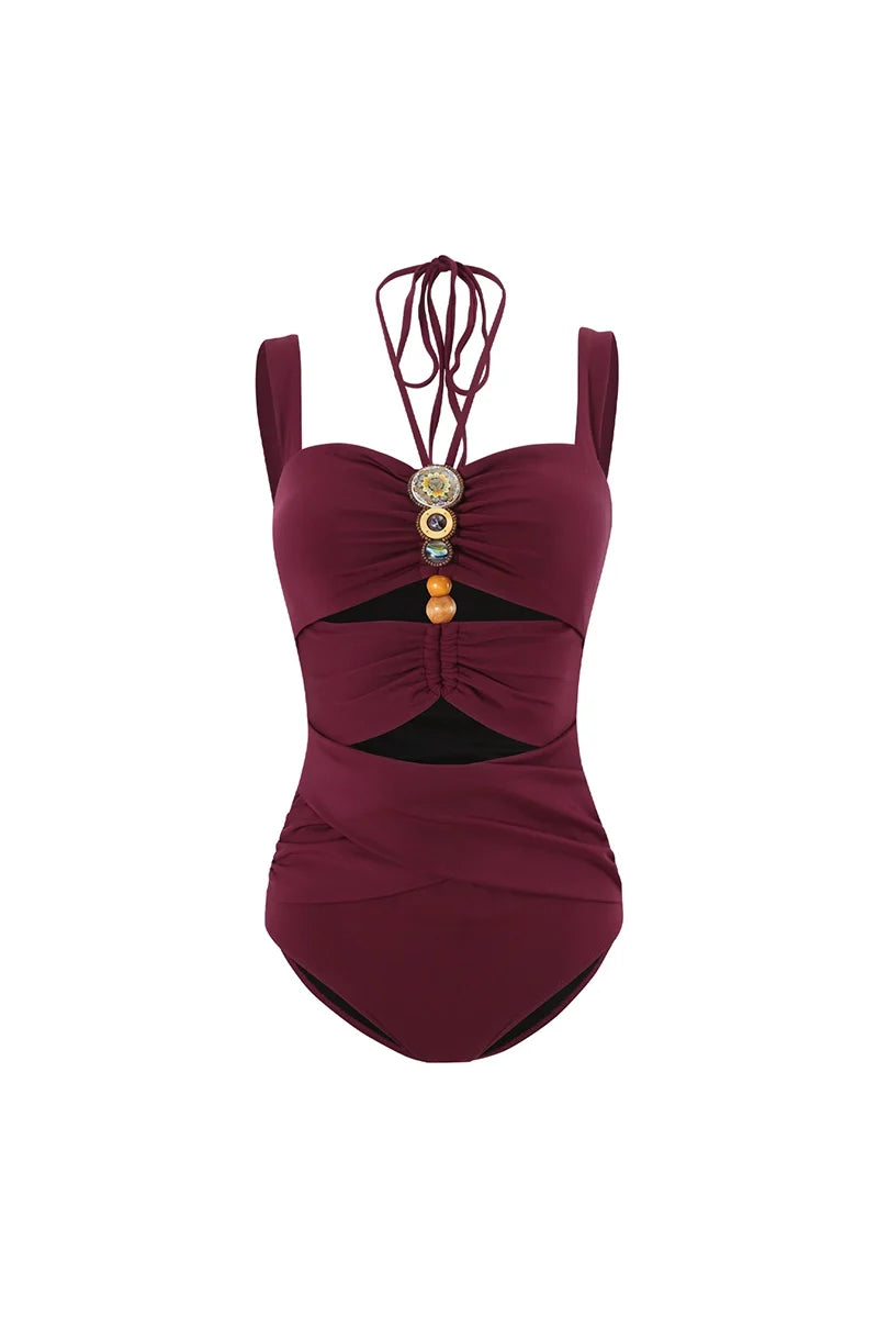 Burgundy Boho Beaded Cutout Swimsuit Set-ROVOLE