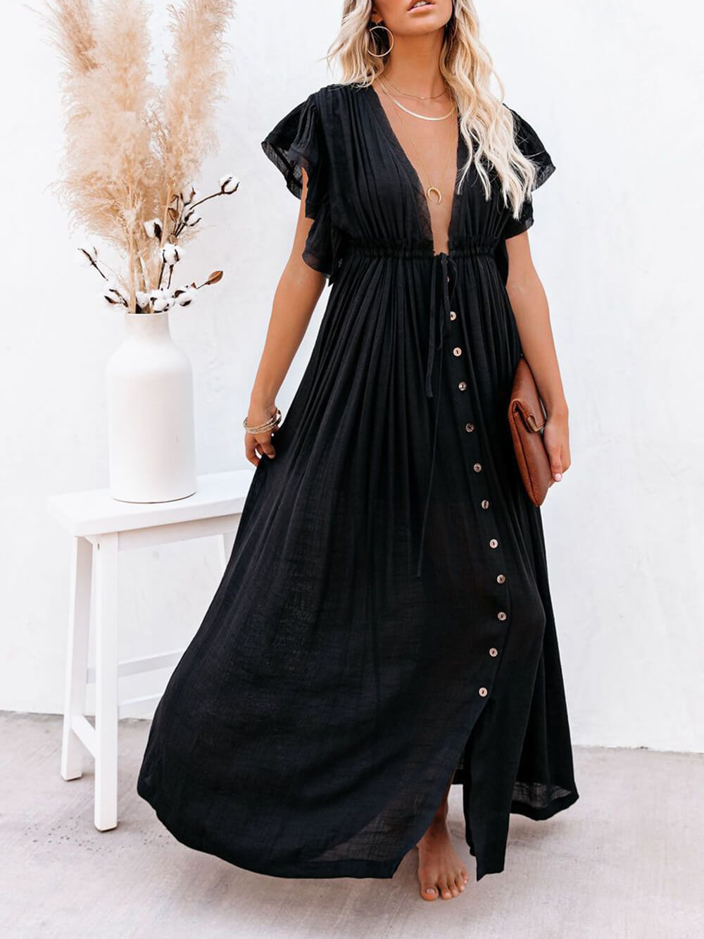 Button Cotton Linen Perfect Beach Boho Maxi Dress-Massicos