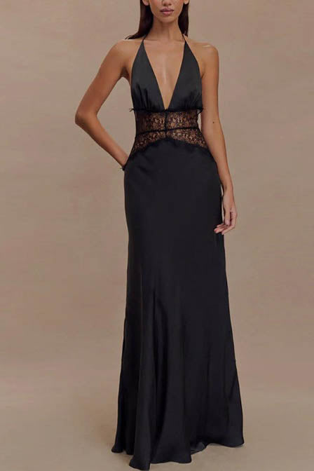 Halter Patchwork Backless Sexy Maxi Dress-ROVOLE