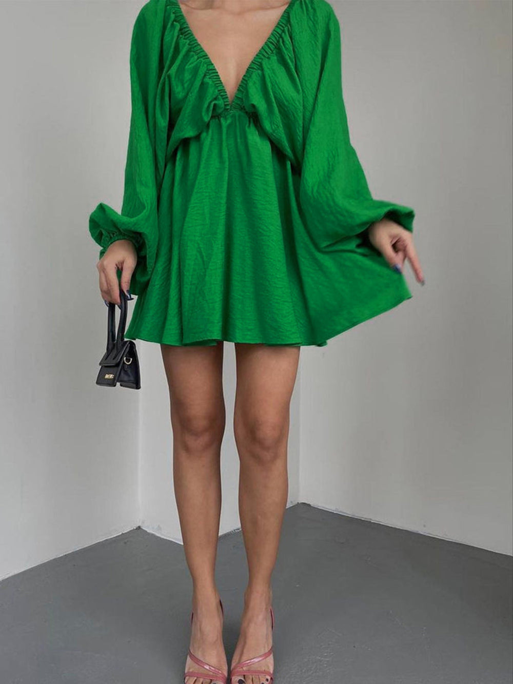 Woven Plunge Skater Mini Dress-Massicos