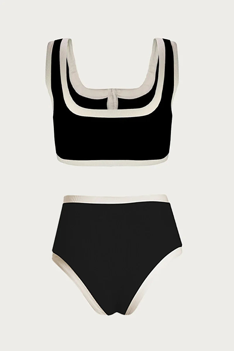 Elegant Contrast Button Detail Two-Piece Swimsuit-ROVOLE