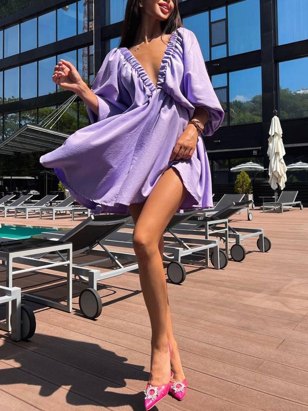 Woven Plunge Skater Mini Dress-Massicos