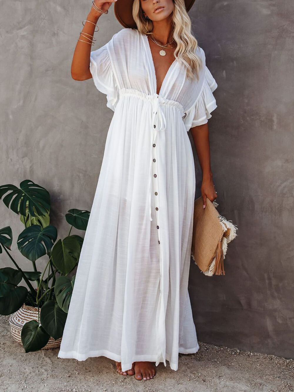 Button Cotton Linen Perfect Beach Boho Maxi Dress-Massicos