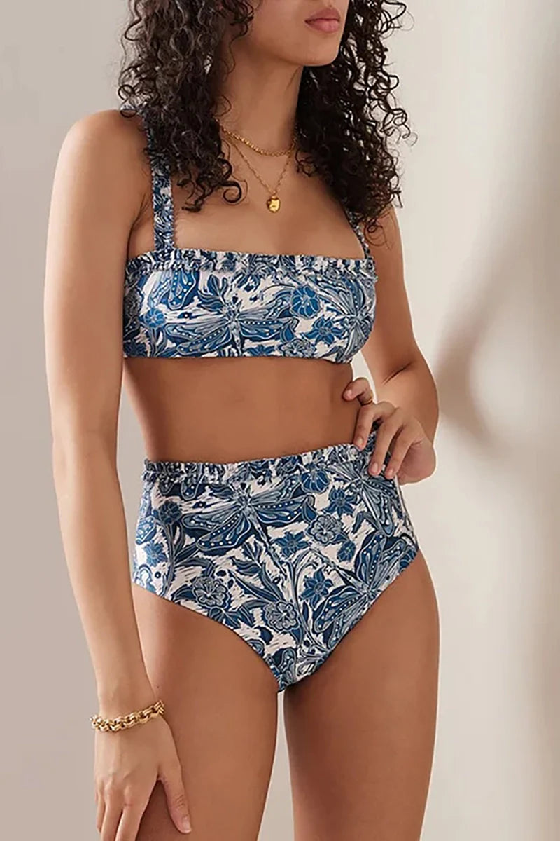 Blue Dragonfly Print Ruffle Bikini Set-ROVOLE