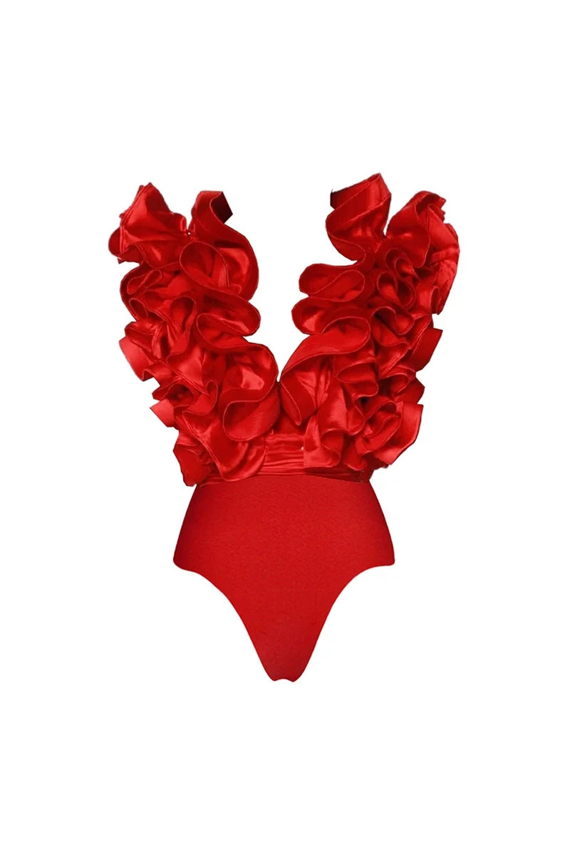 Lace Trim V-Neck Red Swimsuit Set-ROVOLE