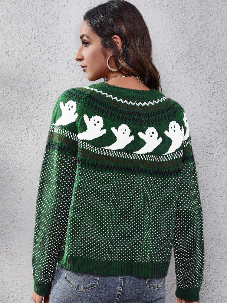 Literary Retro Ghost Pattern  Round Neck Knitted Sweater-ROVOLE