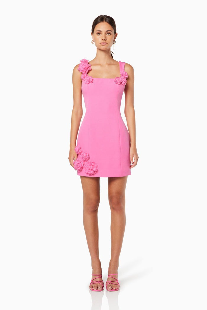 Solid Color 3D Floral Strap Mini Dress-ROVOLE