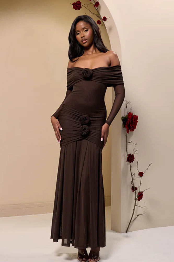 Off-Shoulder 3D Floral Bodycon Maxi Dress-ROVOLE