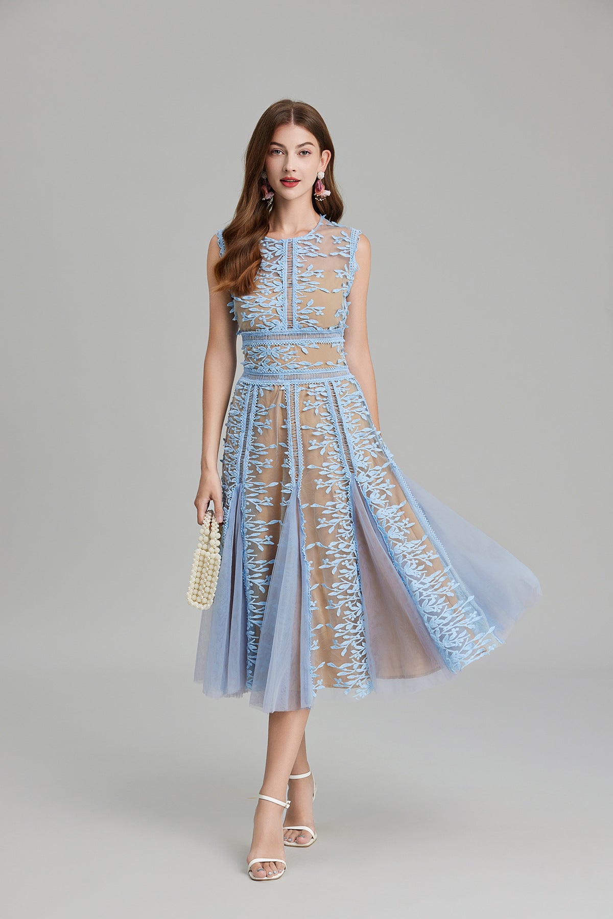Maëlle Round Neck Mesh Embroidered Midi Dress In Beige-ROVOLE